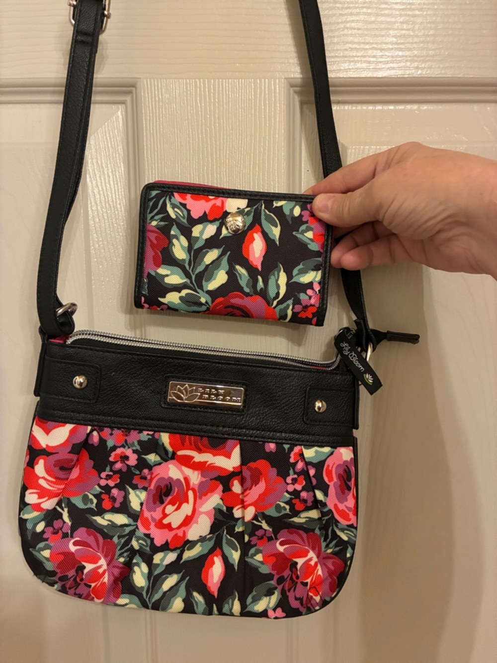 Lily Bloom Black Crossbody‎ with Red & Pink Floral Print